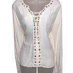 Tularosa Rosario Long Sleeve Beaded Lace Up Split Plunge Neck Crepe Top Off White Cream Photo 2