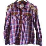 Roar‎ Distressed Western Shirt Size Large Embroidery Lace Rhinestones Plaid Red Photo 0