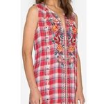 Johnny Was  Nadia Peasant Tank Dress Plaid Red Embroidered Boho Sleeveless Large Photo 1