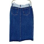 Vintage Bill Blass Maxi Jean Denim Skirt Sz 14P Fray Contrast Western Boho 90s Blue Photo 7