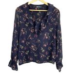 Alice Blue  Blouse Navy Ruffle Sheer Fabric Floral Feminine Small‎ Photo 0