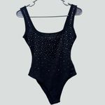 NWT Y2K Rhinestone Square Neck Sleeveless Bodysuit Sz XS Black Photo 2