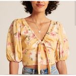 Abercrombie & Fitch Abercrombie Floral Front Tie Yellow Puff Sleeve Crop Top Size S Photo 0