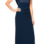 Alex Evenings  Matte Jersey Empire Sequin Lace Bodice Cowl Back Navy Maxi Dress Photo 0