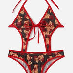 Romwe Bear Print Black Red Cut Out Tie Teddy Bodysuit Size Large Photo 0