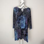 CLARA SUN WOO Black and Purple Floral Slinky Knit Tunic Top Large 3/4 sleeve Photo 5