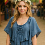 Grass Collection NEW  Blue Renaissance Milk Maid Ethereal Fairy Flowy Blouse L Photo 0