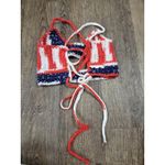 Handmade Crochet Women's Small Bralette Halter Cross Tie Back Top Red White Blue Photo 3