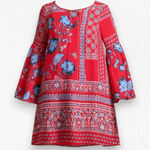 Anthropologie Vanessa Virginia Boho Bell Sleeve Mini Dress Red Blue Floral 100% Silk Size XS Photo 0