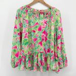 Lilly Pulitzer  Women's Floral Tensley Top Medium Long Sleeve Ruffle Hem Tassel Photo 2