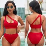 Women’s Sexy Swimsuit Red Bikini Set High Waisted One Shoulder Swim Suit Medium Photo 1