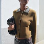 ZARA  100% WOOL JEWEL COLLAR Olive Green CARDIGAN medium Photo 1
