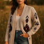 London Kaye Cotton Blend Open Front Cardigan Aztec Boho Southwestern Print M Gray Size M Photo 0