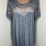 POL Top Womens Size Small Acid Wash Gray Lace Jersey Knit Tee Blouse Bohemian Photo 0