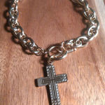 Cable Chain Cross Charm Ion Plated Yellow Gold Stainless Steel Bracelet (8 Inch) Photo 0