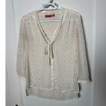 Elle Women's White Gold Sheer Button Down Tie Top Blouse Size XS 3/4 Sleeve Photo 0