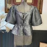 H&M Jacquard-Weave Silver Shimmer Tie-front Balloon Sleeve Blouse - Sz Sm ππ Photo 1