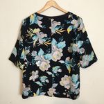 Ann Taylor | Floral Navy Blue Crewneck Blouse Photo 1