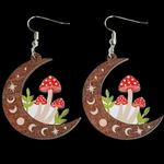 Moon‎ & mushrooms wooden drop dangle earrings Brown Photo 3
