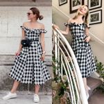 Reformation Hattie Off Shoulder Linen Midi Dress US 0 Gingham Europe Vacation Photo 1