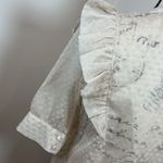 ICHI Cream Ruffle Sheer Dot Blouse Pintuck Front Script Print Romantic Boho Top Tan Photo 2