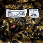 Vintage 80s Baroque Button Up Shirt M Black Gold Silky High Neck Long Sleeves Size M Photo 7