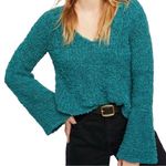 Free People Teal Blue V Neck Sand Dune Oversized Bell Sleeve Sweater size XS Photo 0