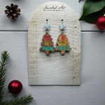 JEWELED ART Hand Painted Tis the Season Christmas Tree Wood Engraved Earrings Red Photo 1