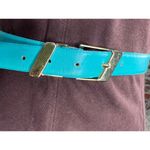 belt vegan leather blue aqua teal goldtone geometric slant buckle 1980s Photo 1