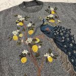 NWOT Embroidered Peacock & Lemon Tree Gray Knit Sweater Pullover Photo 1