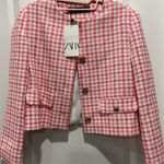 ZARA Houndstooth Tweed Crop Pink White Blazer Photo 0