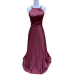 Mori Lee  Satin Bridesmaids Dress With Matching Satin Waistband in Bordeaux Photo 3