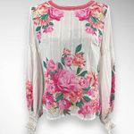 VICI Valencia Rose Printed White Pink Boho Balloon Sleeve Blouse Small | EUC Photo 1