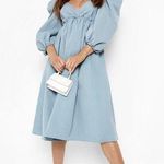 Boohoo NWT  Poplin Puff Sleeve V-Neck Midi Smock Dress Powder Blue 4 Photo 0