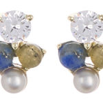 CAROLEE Stone & Freshwater Pearl Stud Earrings, Blue/Yellow/Gold, Pearl, NWT‎ Blue Photo 0