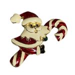Santa Clause Riding a Candy Cane Christmas Enamel Pin Brooch Jewelry Vintage Photo 0