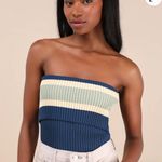 Lulus Sunny Signs Navy Striped Ribbed Knit Strapless Top Photo 0