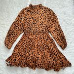 RHODE Dress Caroline Satin High-Neck Long Sleeve Ruffle Leopard Cheetah Print L Photo 3