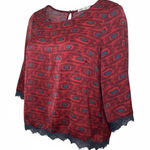 Lush Clothing Lush Lightweight Geometric Top Lace Trim Red Blue Keyhole Satiny 3/4 Sleeve XS Photo 0