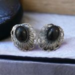 VTG Large Silver Scrolled Pierced Earring Faux Black Onyx Art Deco 70’s Costume Photo 1