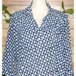 Chico's Blue & White Geo Print Pull Over Blouse Size 2 US L 12 Roll Tab V-Neck Photo 1