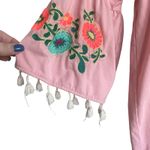 Umgee Women Top L Pink 3/4 Flower Embroidery Tassel Bell Sleeve Boho Tropical Photo 4