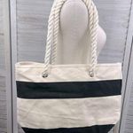 Canvas Tote Bag with Rope Handles Ivory/Black Stripes Photo 0