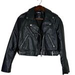 ZARA NWOT Cropped Faux Leather Moto Jacket Silver Zippers Pockets Buckle S Black Photo 0