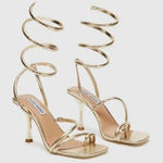 Steve Madden Shantelle Ankle Wrap Strappy Square Toe Sandals Gold Snake 8.5 Photo 1