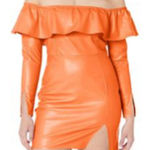 Kendall + Kylie  Orange Dress 4/6 Leather 3/4 Sleeve Off Shoulder Ruffle Bodycon Photo 0