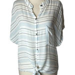 Olivaceous  Blue White and‎ Gray Striped Tie Front Button Down Blouse M Photo 0