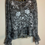 Lulus  Sheer Grey with White Embroidered Flowers Blouse with Keyhole Back Photo 0