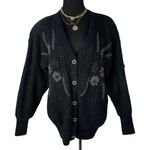 Vintage Shannan 80s Chunky Knit Black Beaded Cardigan Sweater Size Large Photo 0