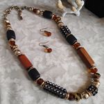 Amber Crystal and Natural Wood Necklace Set Brown Photo 0